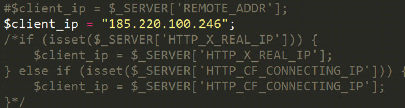 Changign client IP to the IP of compromised web server (185[.]220[.]100[.]246)