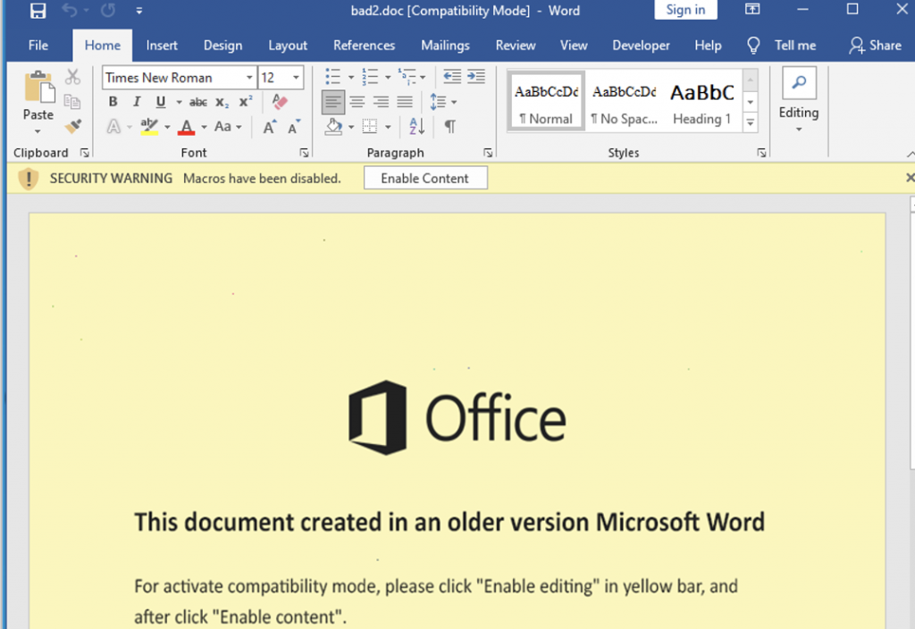 opening malicious Word document