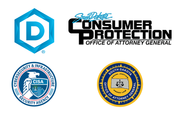 Logos for SD Attorney General Office, DSU, CISA and SD Consumer Protection